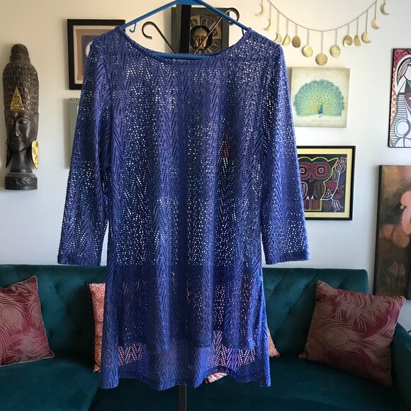 LYNN RITCHIE Silver size M Royal Blue Stretch Sheer Mesh Net Hi-Lo Top - Picture 1 of 4